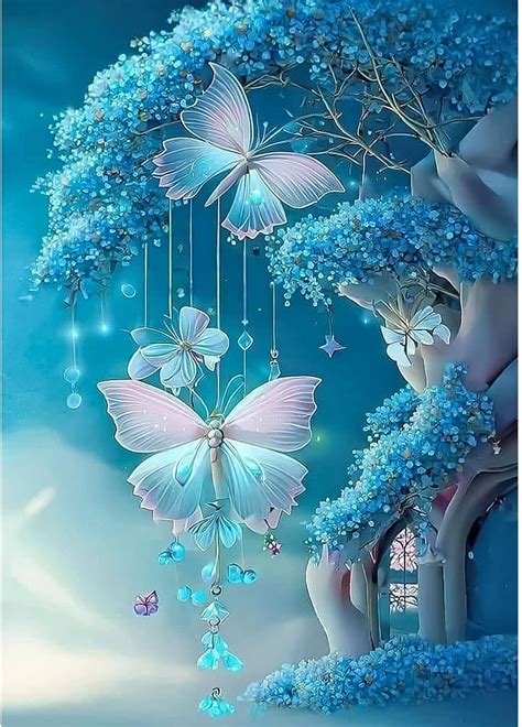 Lxmsja 5d Blue Tree Diamond Gem Art Painting Butterfly Diamond Painting Kits For