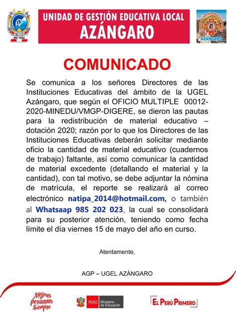 DIÁLOGO EDUCATIVO AZÁNGARO COMUNICADO SOBRE REDISTRIBUCIÓN DE MATERIAL