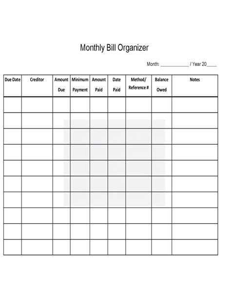 Bill Organizer Chart 3 Free Templates In Pdf Word Excel Download