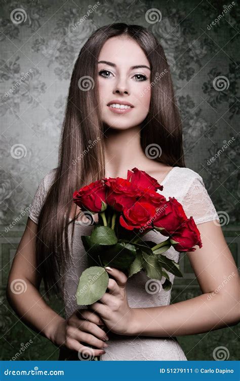 Girl With Roses Stock Image Image Of Eyes Cheerful 51279111