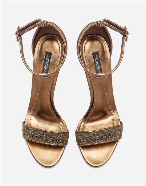 Dolce And Gabbana Leather Lurex Sandals With Sculpted Heel In Gold