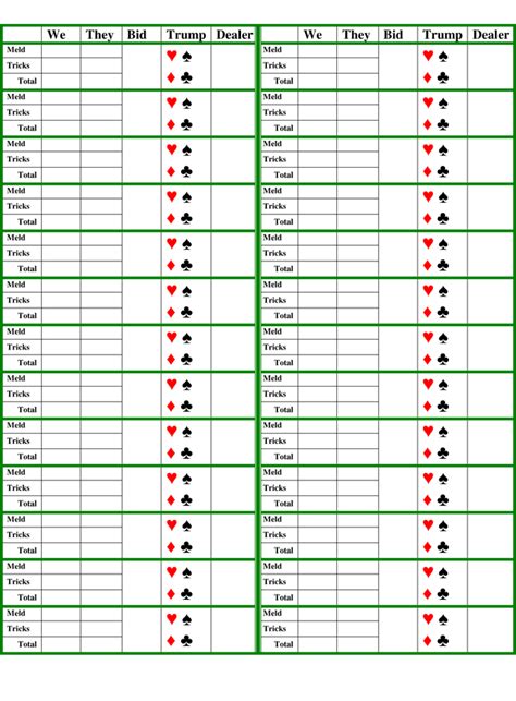 The remaining cards, from 4 up to ace, are called natural cards. Printable Pinochle Score Sheets - Download in PDF
