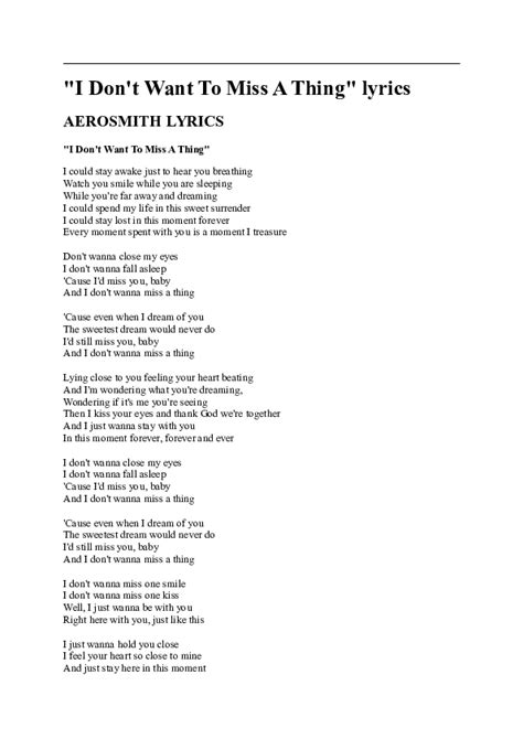 Doc I Dont Want To Miss A Thing Lyrics Aerosmith Lyrics I Dont