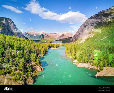 Aerial View Of Bow River Among Canadian Rockies Mountains Banff