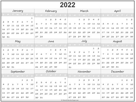 2022 Calendar At A Glance Printable
