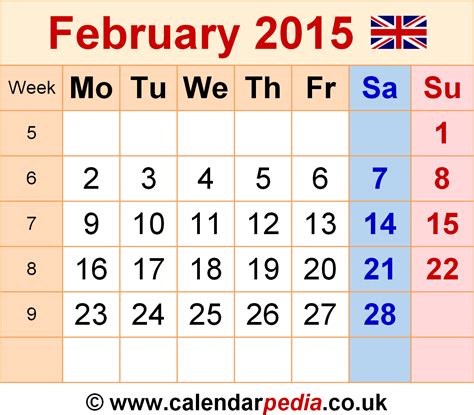 Calendar February 2015 Uk With Excel Word And Pdf Templates