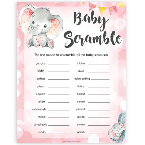 Baby shower name game printable. Baby Shower Word Scramble - Pink Elephant Printable Baby ...
