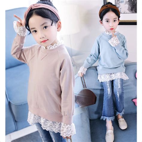 New 2018 Lace Patchwork Kids Spring Tops Baby T Shirt For Big Girls 10