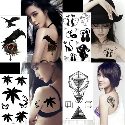 4pcslot Temporary Tattoo Sticker Black Skull Leaf Sex Cat Geometry