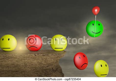 Emoji Emotions On A Stone Cliff With A Red Balloon Help To Escape One
