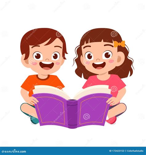 Happy Cute Little Kids Boy And Girl Read Book Stock Vector