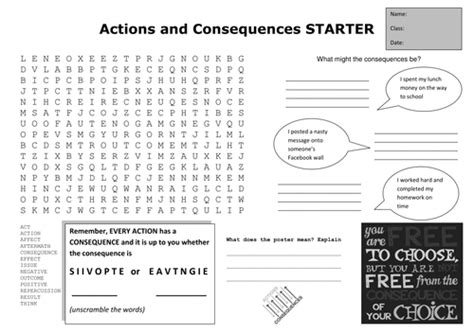 Actions And Consequences Starter Sheet Or Homework Sheet Teaching