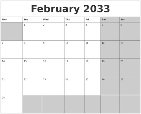 February 2033 Calanders