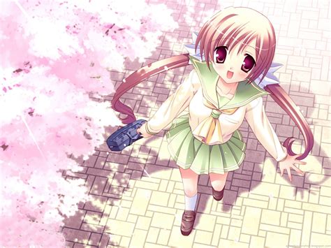 Cherry Blossoms School Uniforms Young Smiling Bags Anime Girls
