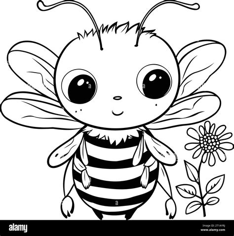 Cute Cartoon Bee With Flower Black And White Vector Illustration Stock
