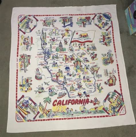 Vintage 1950s Mcm Cartoon Map Of California Souvenir Tablecloth 44