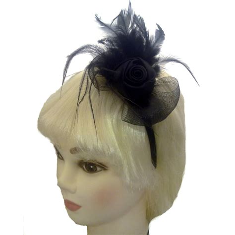 Fascinator Headband Hair Band Satin Rosebud Net And Feather Narrow