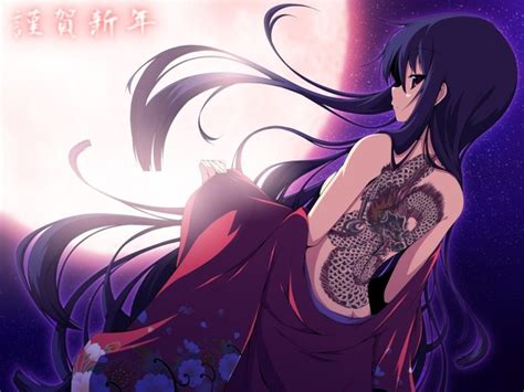 Tattoos Women Stars Dragon Tattoo Moon Long Hair Kimono Purple