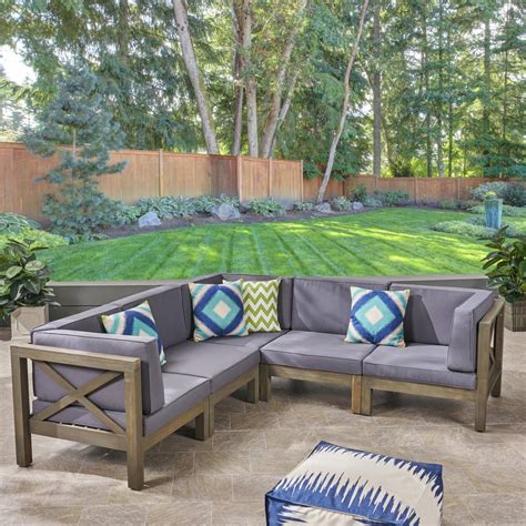 Noble House Hadlee Gray 5 Piece Wood Outdoor Sectional With Dark Gray