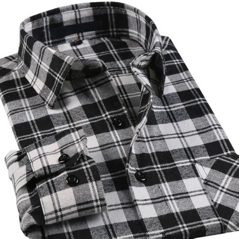 Black And White Plaid Flannel Men Shirts Long Sleeve Brushed Cotton Shirt