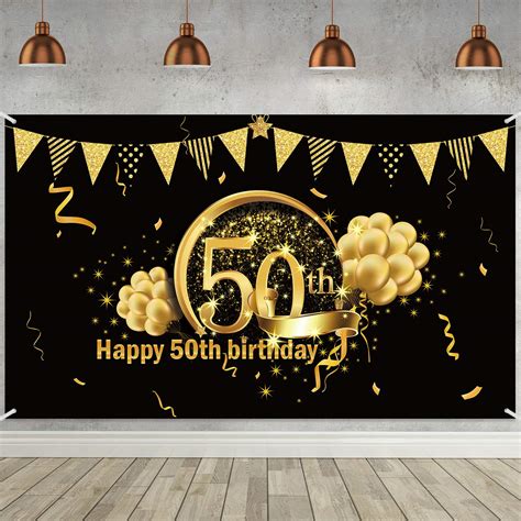 50th Birthday Black Gold Party Decoration Extra Large Fabric Black