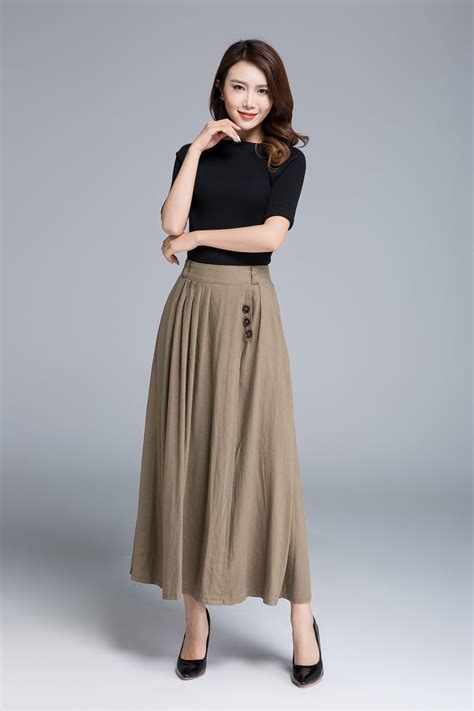 Khaki Skirt Linen Skirt Pleated Skirt Pocket Skirt Button Etsy