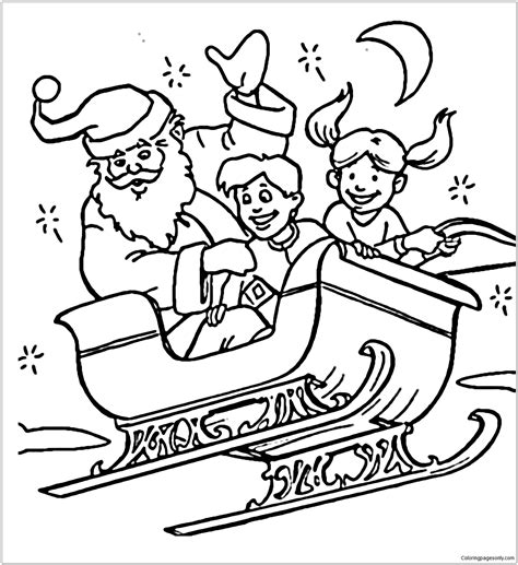 Santa Claus And Children Flying In Sleigh Coloring Page Free