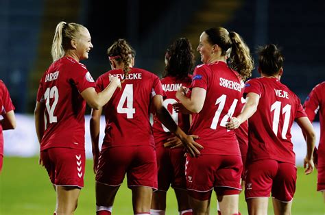 denmark national team celebrates after scoring 3 goals during uefa women s euro 2022 quali