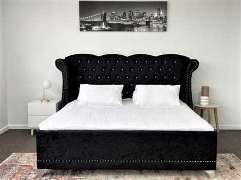 Marrakesh King Queen Bed Frame Crystals Velvet Fabric Black Upholstered