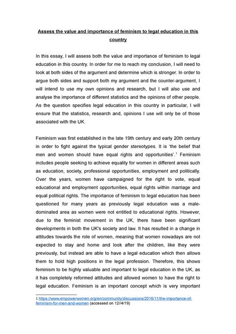 Feminism Essay Assess The Value And Importance Of Feminism To Legal