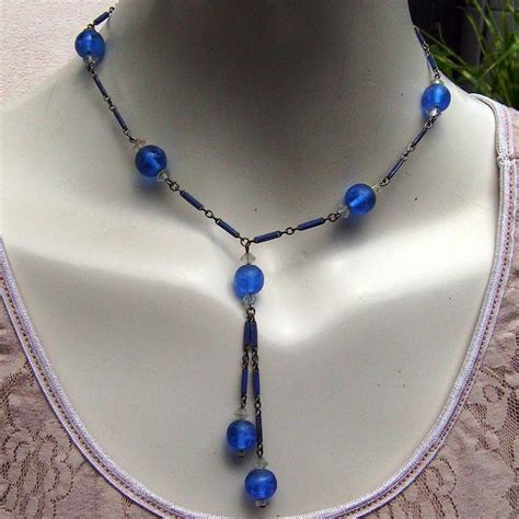 Blue Enamel On Metal Crystal And Blue Glass Beads Art Deco Era Art