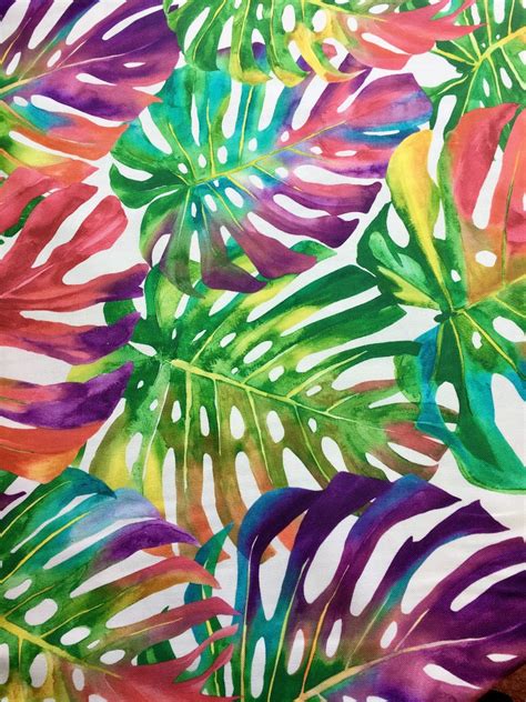 The curtain has a fern/palm teal and green print design with silver eyelet heading. PALM TROPICAL LEAVES Cotton Fabric Palm Leaf Material for ...