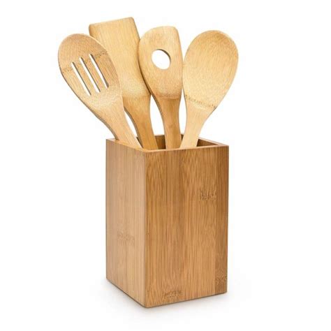 Relaxdays 10014471 Set Of 4 Kitchen Spoons And Stand Bamboo Bigamart