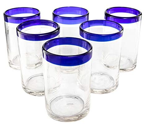 Hand Blown Mexican Drinking Glasses Set Of 6 Glasses With Cobalt Blue Rims 14 Oz Each By The
