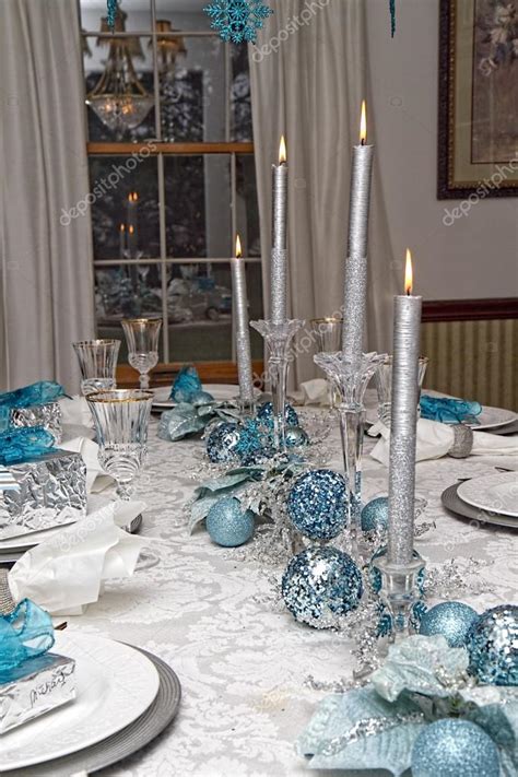 Elegant Blue Silver Decorated Table Christmas — Stock Photo