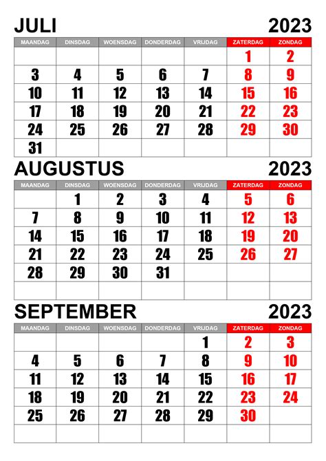 Kalender Juli Augustus September 2023