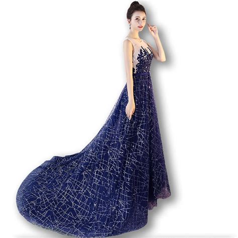 Luxurious Blue Plus Long Banquet Dress 2018 Lace Studded Beads