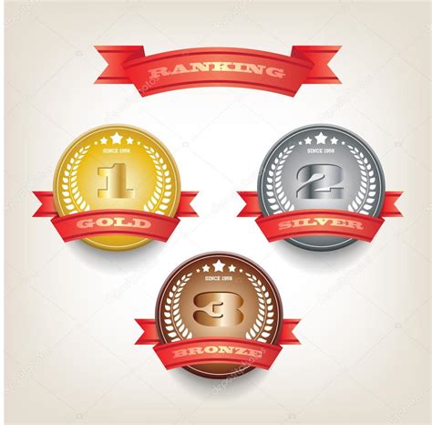 Three Round Vector Badges Collection With Red Ribbons Ranking Gold