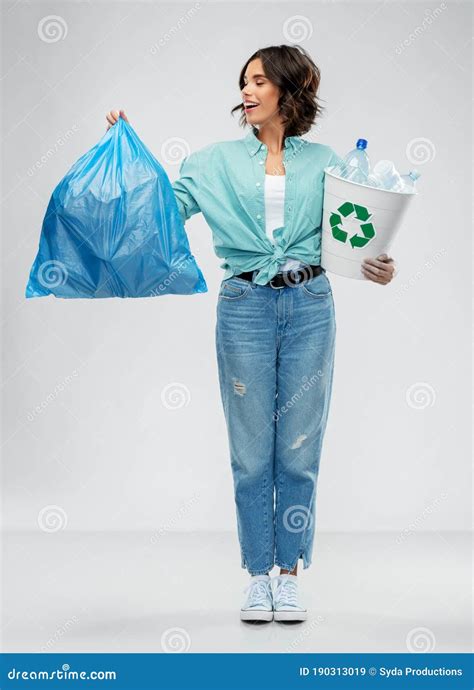Smiling Woman Sorting Plastic Waste With Trash Bag Stock Image Image