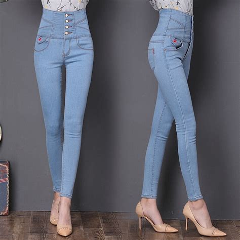 long jeans women pencil casual blue denim stretch skinny 2018 fashion four buttons high waist