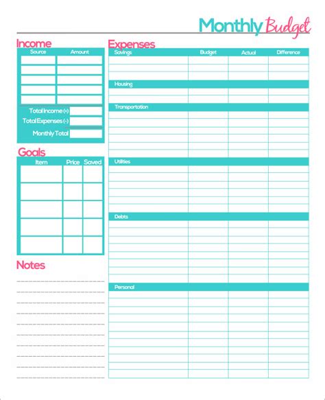 monthly budget template    documents