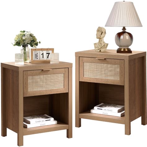 Surmoby Rattan Nightstands Set Of 2farmhouse Night Stand With Drawer