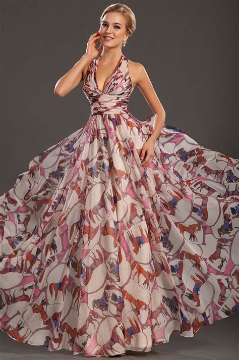 New Gorgeous Printed Halter V Neckline Evening Dress 00132668
