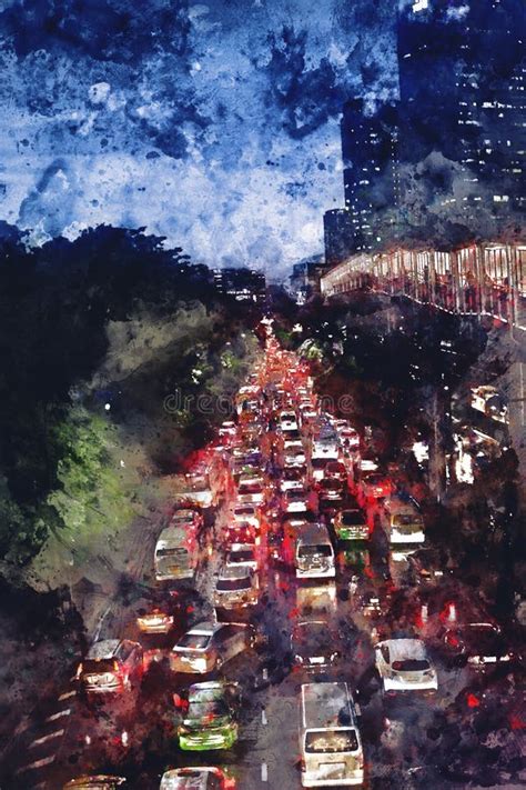 Abstract Watercolor Painting Of Traffic Jam On Road At Night Stock