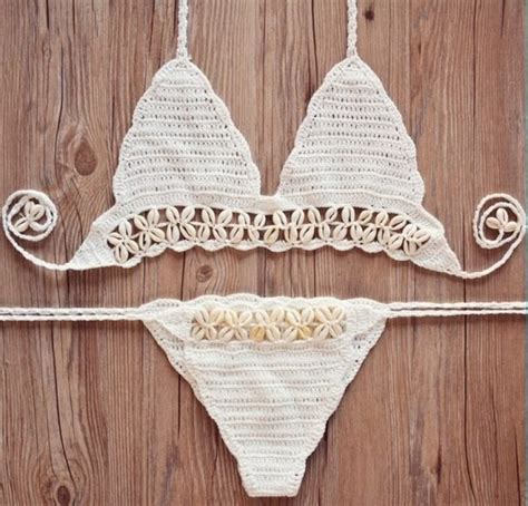 super sexy micro crochet bikini with shell white black thong bikini swimwear handmade crochet