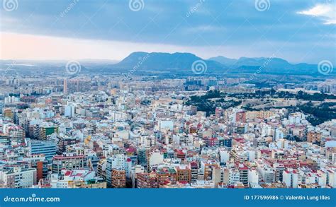 Alicante City View At Dusk Spain Colorful Illustration Editorial