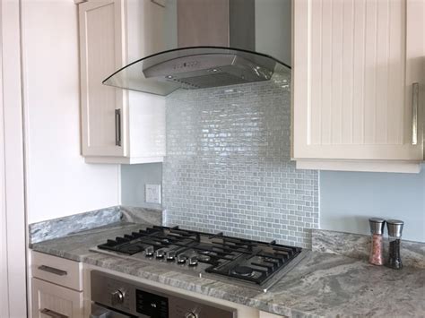 Atmospheric Iridescent White Recycled Glass Tile Kitchen Backsplash