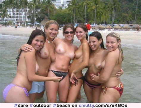 Outdoor Beach Ocean Group Topless Bikini Smiling