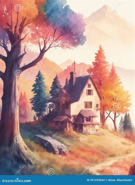 Illustration Of A Landscape Of A House In The Autumn Forest Stock