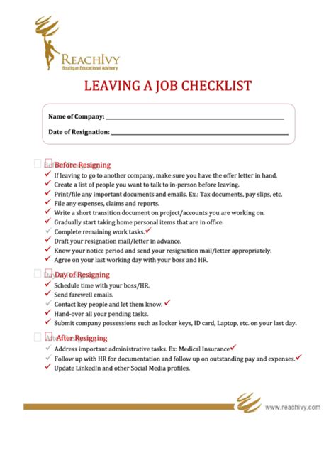 Leaving A Job Checklist Printable Pdf Download
